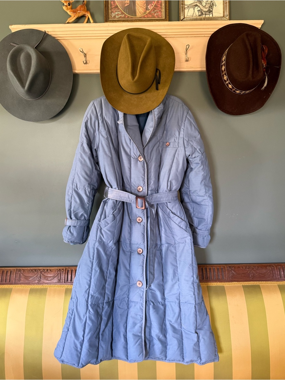 Eddie Bauer vintage periwinkle blue goose down long trench puffer jacket small